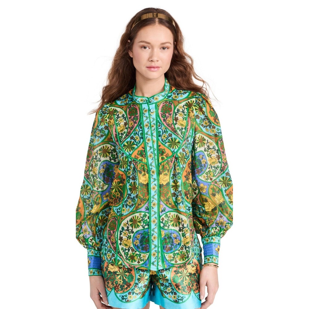 ALEMAIS Sofie Balloon-Sleeve Floral Button-Front Blouse